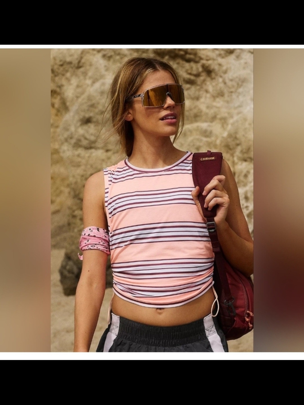 Free People Movement Striped Coral Sleeveless Ruched Crop Top - Women